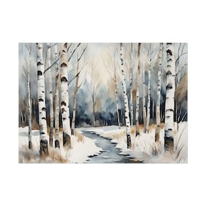 A Path Through Winter Birch Trees Watercolor Print Forest Painting Nature Art Print Birches Forest Landscape Blue Neutral Wall Art