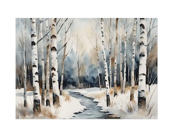 A Path Through Winter Birch Trees, Watercolor Print Forest Painting, Nature Landscape Blue Neutral Wall Art