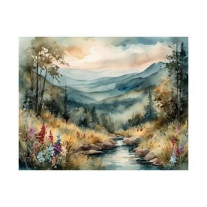 Appalachian Mountains Stream Blue Ridge Mountains Watercolor North Carolina Landscape Wildflowers Painting Artwork Nature Wall Art