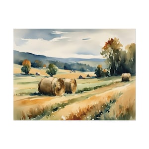 Haystack Painting Rustic Watercolor Landscape Autumn Countryside Wall Art Farm Poster Farmhouse Wall Decor