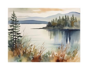 Moosehead Lake Landscape Print, Maine Watercolor Wall Art, Neutral Home Decor Nature Art, Matte Horizontal Poster