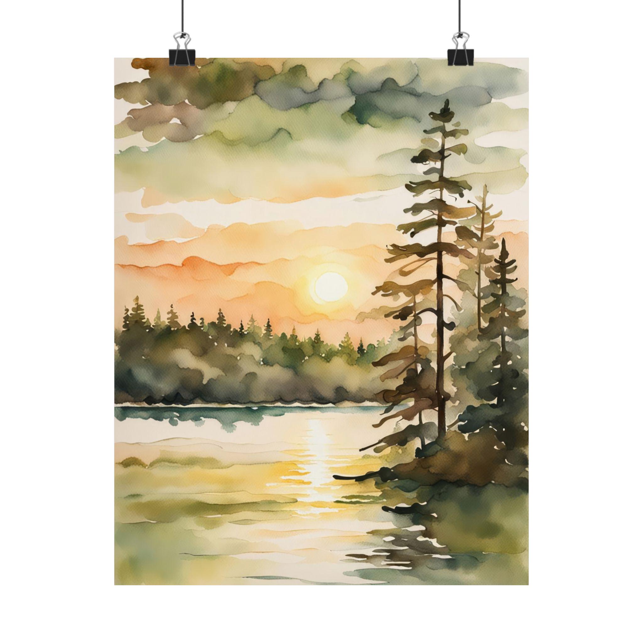 Sunrise Forest Lake Painting Neutral Landscape Michigan Art Print Pine ...