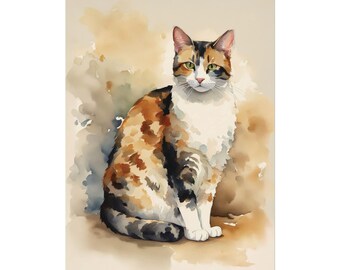 猫アート - 三毛猫の水彩画 - ファインアートプリント - 猫の絵 - 三毛