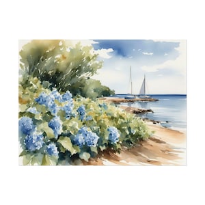 Cape Cod Coastal Print #14, Blue Hydrangea Nantucket Massachusetts Watercolor Painting Art Sailboat Artwork, Floral Nautical Wall Art