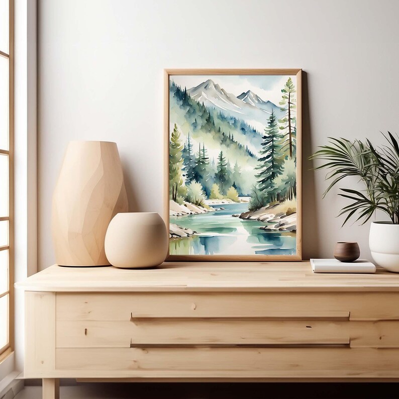 Idaho Painting Mountain River Landscape Watercolor Pine Tree Wall Art