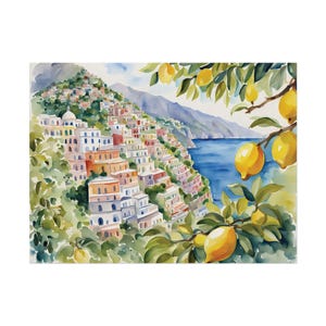 Positano Watercolor Painting, Lemon Tree Artwork Italian Cityscape Wall Art Amalfi Coast Italy Travel Poster