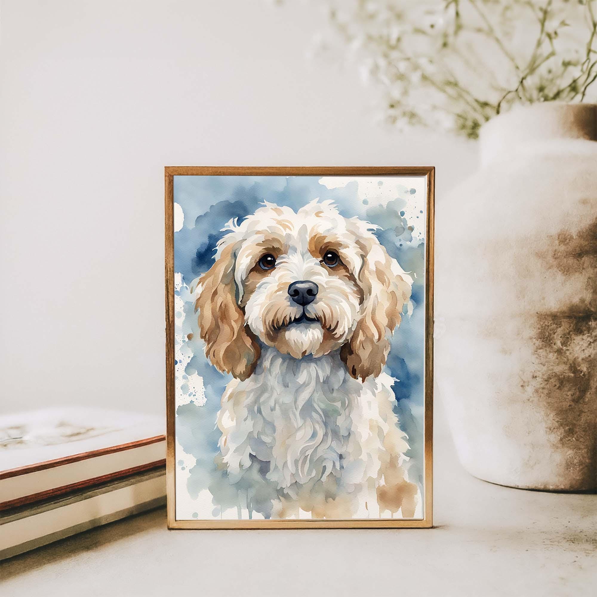 Cute Cavapoo Pet Portrait Art Print, Blue Neutral Dog Lover Giclee ...