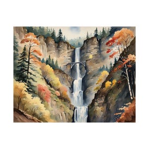 Multnomah Falls Landscape Print, Oregon Autumn Watercolor Wall Art, Fall Nature Art, Matte Horizontal Poster