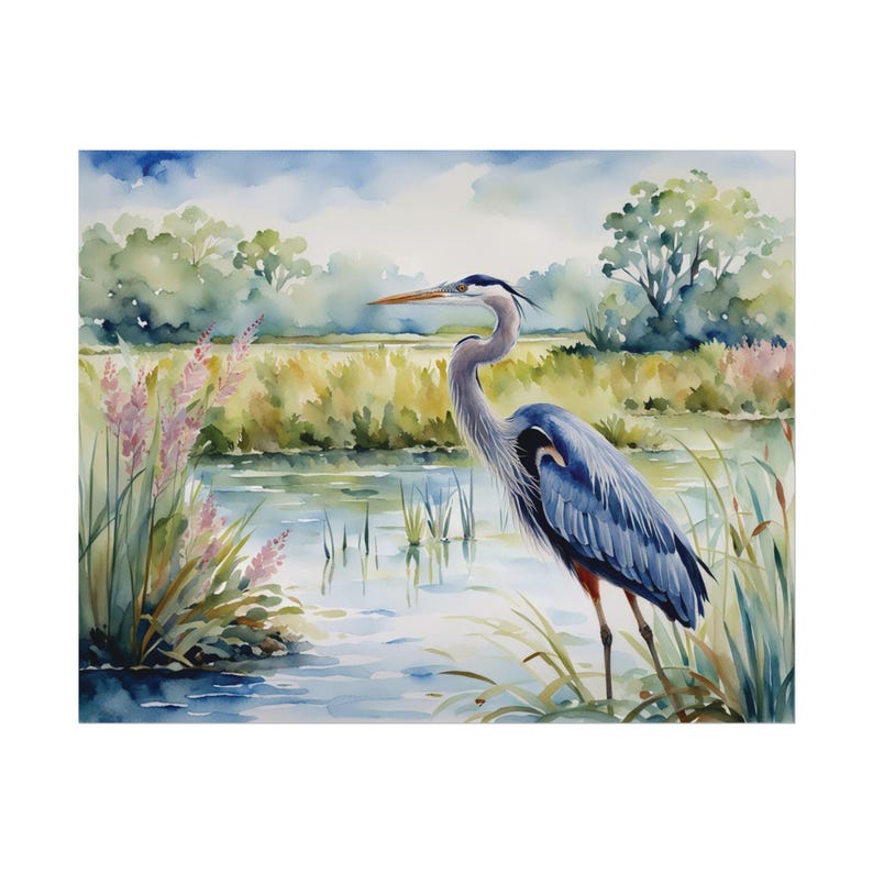 Blue Heron Wetlands Print, Marsh Watercolor Painting Art Print Spring Artwork, Floral Wall Art image 8