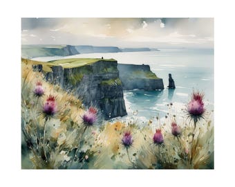 Cliffs of Moher Painting Thistle Watercolor Print Emerald Isle Wall Art Irish Coastal Landscape Ireland Wall Decor Seascape Artwork