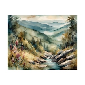 Blue Ridge Mountains Stream Landscape Print, Appalachian Mountains Watercolor North Carolina Wildflowers Painting Artwork Nature Wall Art