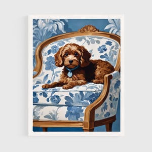 Brown Cavapoo Art Print, Blue Floral Chinoiserie Wall Art, Dog Lover Poster Unique Gift, Watercolor Painting, Home Decor, Maximalist