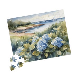 May include: A watercolor painting of a seascape with a sailboat in the distance and a cluster of blue hydrangeas in the foreground.