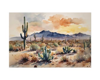 Orange Desert Sunset Cactus Painting Arizona Watercolor Landscape Saguaro Desert Poster Arizona Wall Art
