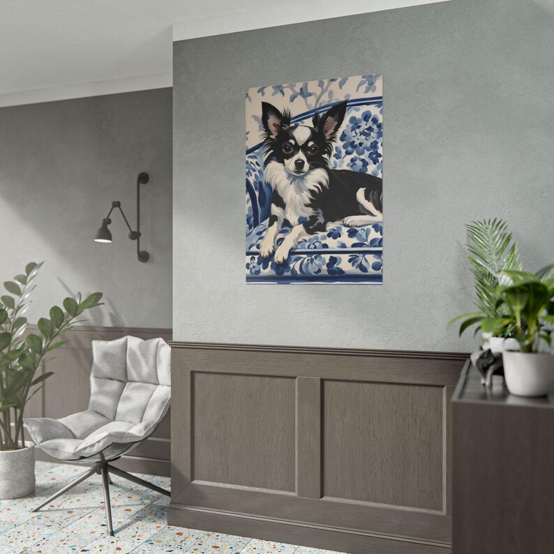 Long Hair Chihuahua Art Print, Black White Dog Lover Gift, Blue Floral ...