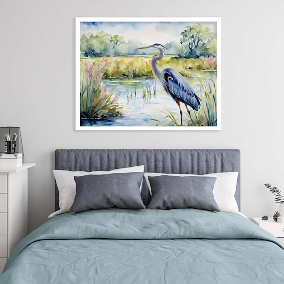 Blue Heron Wetlands Print, Marsh Watercolor Painting Art Print Spring Artwork, Floral Wall Art