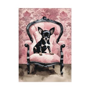 Pink Chihuahua Art Print, Short Hair Black Dog Lover Gift, Vintage Style Wall Art Poster, Watercolor Painting, Unique Home Decor