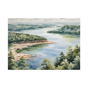 Greers Ferry Lake Watercolor Art Print Arkansas Summer Landscape Painting Green Wall Art Trees Water Clouds Artwork
