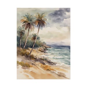 Palm Trees Neutral Watercolor Print, Coastal Beach Painting Art Poster, California Florida Ocean Wall Art