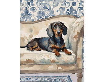 Dachshund Art Print #NC91R, Blue Floral Chinoiserie Wall Art, Dog Lover Poster, Watercolor Painting, Home Decor, Maximalist