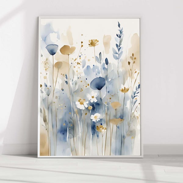 Santorini Wildflowers Print #16 Painting Abstract Floral Watercolor Art Print Flowers Wall Art Gift Poster Neutral Home Decor Blue Tan