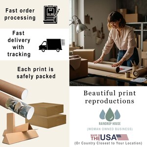 May include: A collage showing a person packing a print, brown cardboard shipping tubes, and boxes. Text includes Fast order processing, Fast delivery with tracking, Each print is safely packed, Beautiful print reproductions, Raindrop House, and Made in the USA.