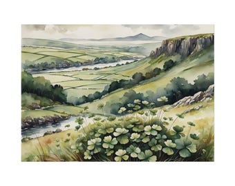 Shamrocks Print, Watercolor Painting, Irish Landscape Artwork Ireland Wall Art Saint Patricks Day Art