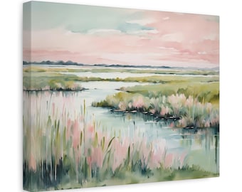 Marsh Landscape Pink Sunset Canvas Wrap Print | Carolina Green Lowcountry Coastal Watercolor Painting Wall Art