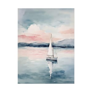 Sailboat Watercolor Painting, Pink Sky Wall Art Print, Light Blue Summer Lake Painting, Living Room Decor #NC77