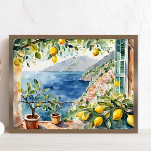 Lámina de la Costa Amalfitana, Italia; Acuarela de Positano; Obra de arte de limonero; Póster costero de paisaje urbano italiano para pared.