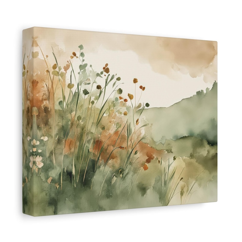 Rust and Sage Green Wildflowers Gallery Wrap Canvas Print #NC99, Watercolor Painting, Floral Art Print image 1
