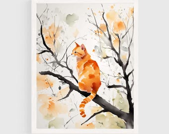 Orange Tabby Cat In a Tree Watercolor Painting, Blue Sky, Pets Art Print Animal Wall Art Cat Poster, Family Feline Pet Print