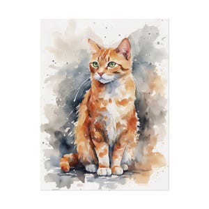 May include: Watercolor painting of a ginger tabby cat with green eyes, sitting upright. The cat has orange and white fur with dark stripes. The background features gray and white watercolor splatters.