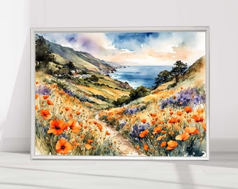 Poppy Watercolor Big Sur California Landscape Print, Coastal Wall Art California Poppy Poster - Big Sur Poppies #5