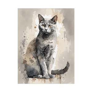 Gray Cat Print, Watercolor Painting Pets Art Print Animal Wall Art Cat Poster - Black Cat #06