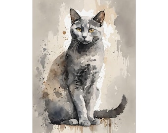 Gray Cat Print, Watercolor Painting Pets Art Print Animal Wall Art Cat Poster - Black Cat #06