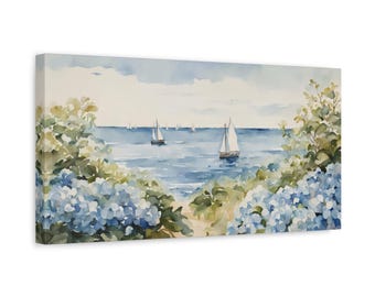 Cape Cod Coastal Canvas Print, Blue Hydrangea Massachusetts Watercolor Painting Art Print Sailboat Artwork, Floral Nautical Wall Art