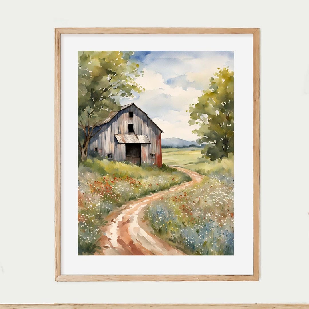 Old Gray Barn, Rustic Vintage Country Road Watercolor Print, Wildflower ...