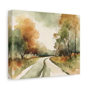 May include: Watercolor painting of a winding road through a forest. The artwork features a palette of greens, browns, and yellows, depicting trees and foliage. The road is light gray, and the sky is a soft, muted color.