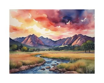Flatirons Boulder Creek Watercolor Art Print Colorado Autumn Landscape Painting Colorful Sunset Wall Art Water Mountains Highlands Artwork
