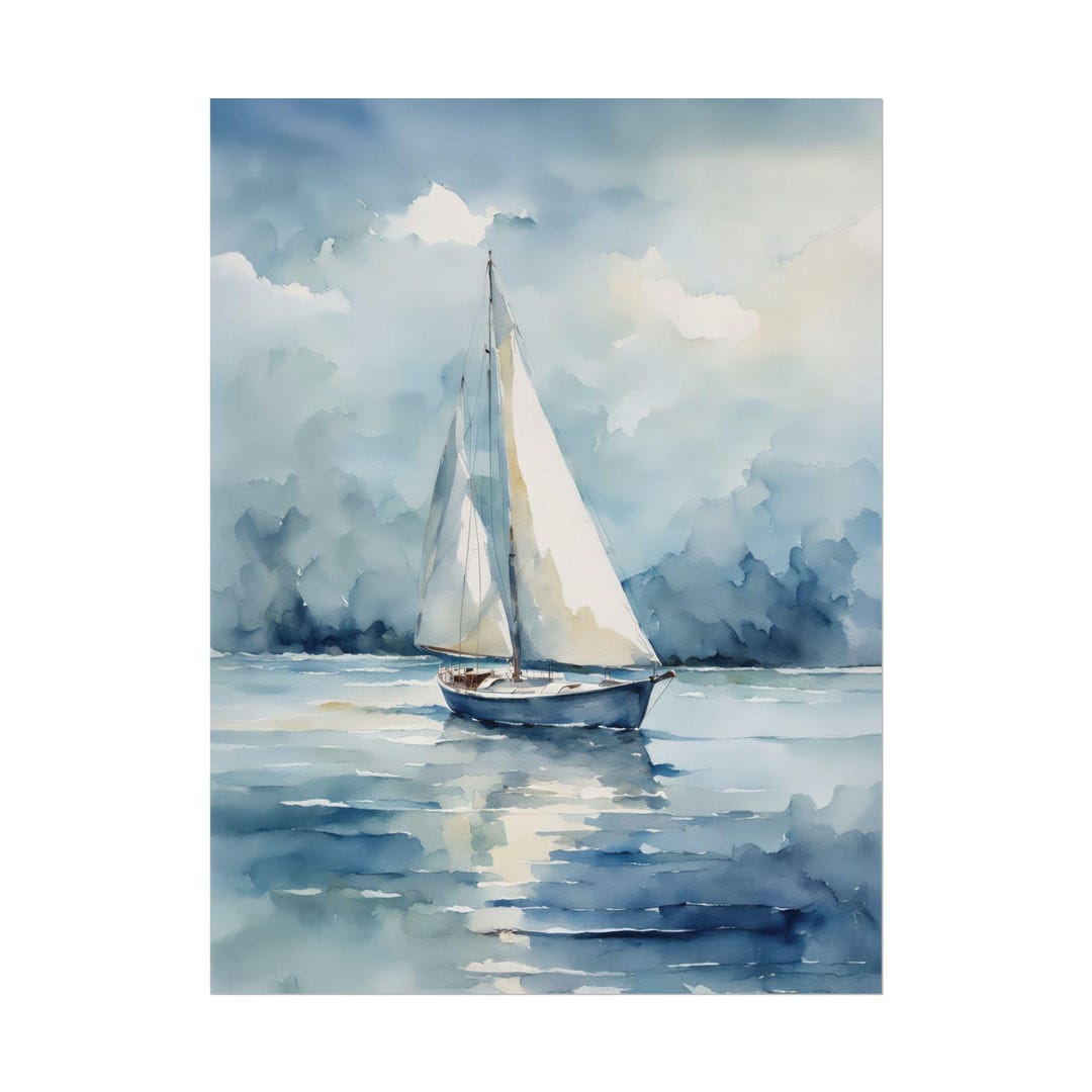 Sailboat Print, Blue Summer Lake Watercolor Painting, Giclee Art Prints ...