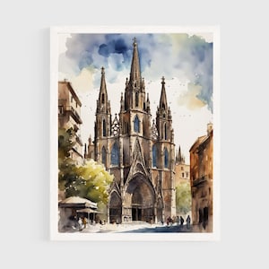 Barcelona Cathedral Art Print, Spain Barcelona Wall Art, Poster Unique Travel Gift, Spanish Architecture Watercolor Painting, Home Decor