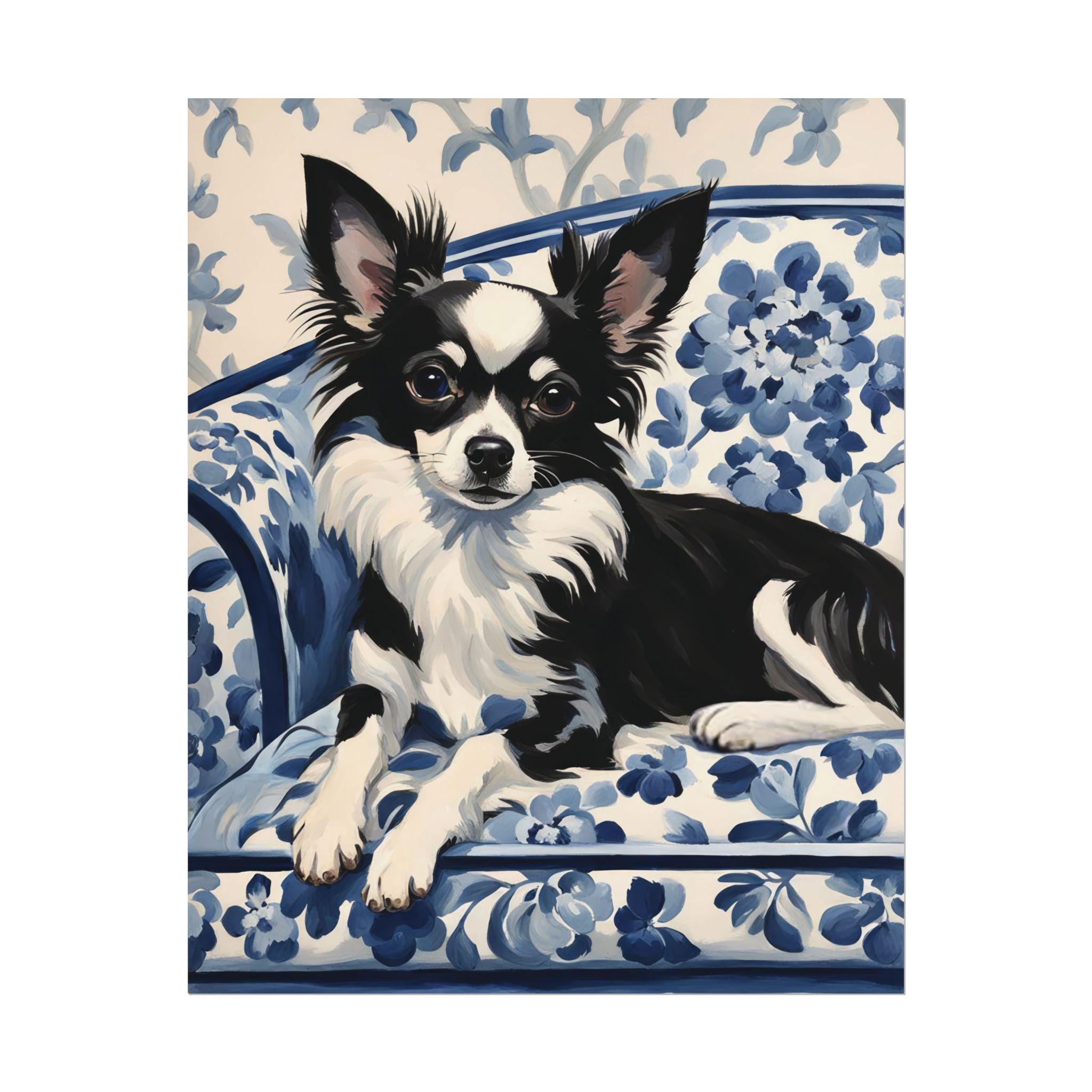 Long Hair Chihuahua Art Print, Black White Dog Lover Gift, Blue Floral ...