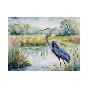 Blue Heron Wetlands Print, Marsh Watercolor Painting Art Print Spring Artwork, Floral Wall Art image 7