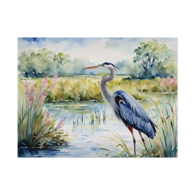 Blue Heron Wetlands Print, Marsh Watercolor Painting Art Print Spring Artwork, Floral Wall Art image 7