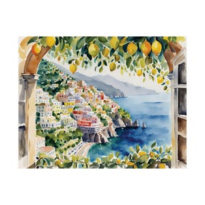 Amalfi Coast Poster Positano Italy Watercolor Painting Lemon Tree Artwork Italian Coastal Cityscape Seascape Wall Art