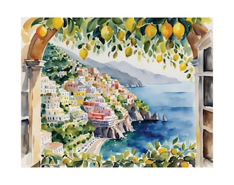 Amalfi Coast Poster Positano Italy Watercolor Painting Lemon Tree Artwork Italian Coastal Cityscape Seascape Wall Art