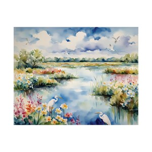 Grote zilverreiger moerasprint, kleurrijke wetlands aquarel schilderij kunstprint lentekunstwerk, bloemen muurkunst