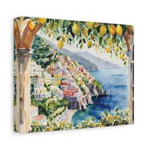 Amalfi Coast Poster Positano Italy Watercolor Canvas Wall Art Print, Lemon Tree Artwork Painting Italian Coastal Cityscape Seascape