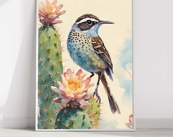 Cactus Wren Watercolor Print Desert Floral Spring Art Vertical Poster Wall Art Wildlife Nature Painting Arizona State Bird Lover Gift